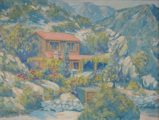 James Wren Lister, (American 1897-1952), oil on board, Garden scene before mountains, Los Angeles, California stamp verso, 28 x 38cm. Condition - good